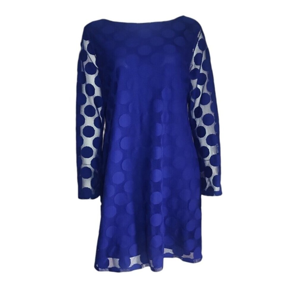 STYLE & CO Solid All Blue Long Sleeve Mesh Overlay‎ Circles Dress Womens L Large